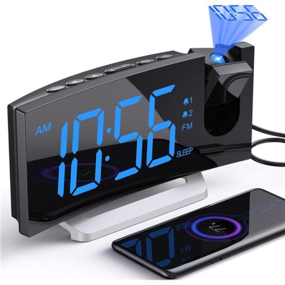 Projection Alarm Clock with FM Radio,USB Charging Port,0-100% Dimmer,Dual Alarms